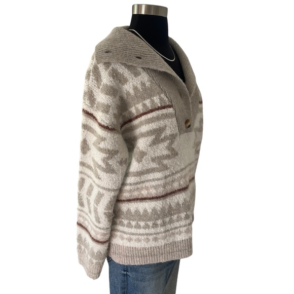 Knox Rose Aztec fair isle button pullover sweater taupe white black S - Picture 6 of 11